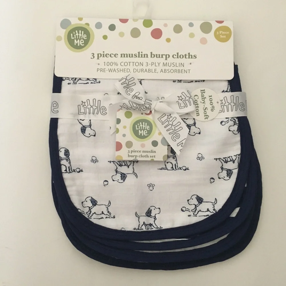 NEW 3 Cotton Muslin Burp Cloths Puppy Dogs Print Stripes Solid | Little Me